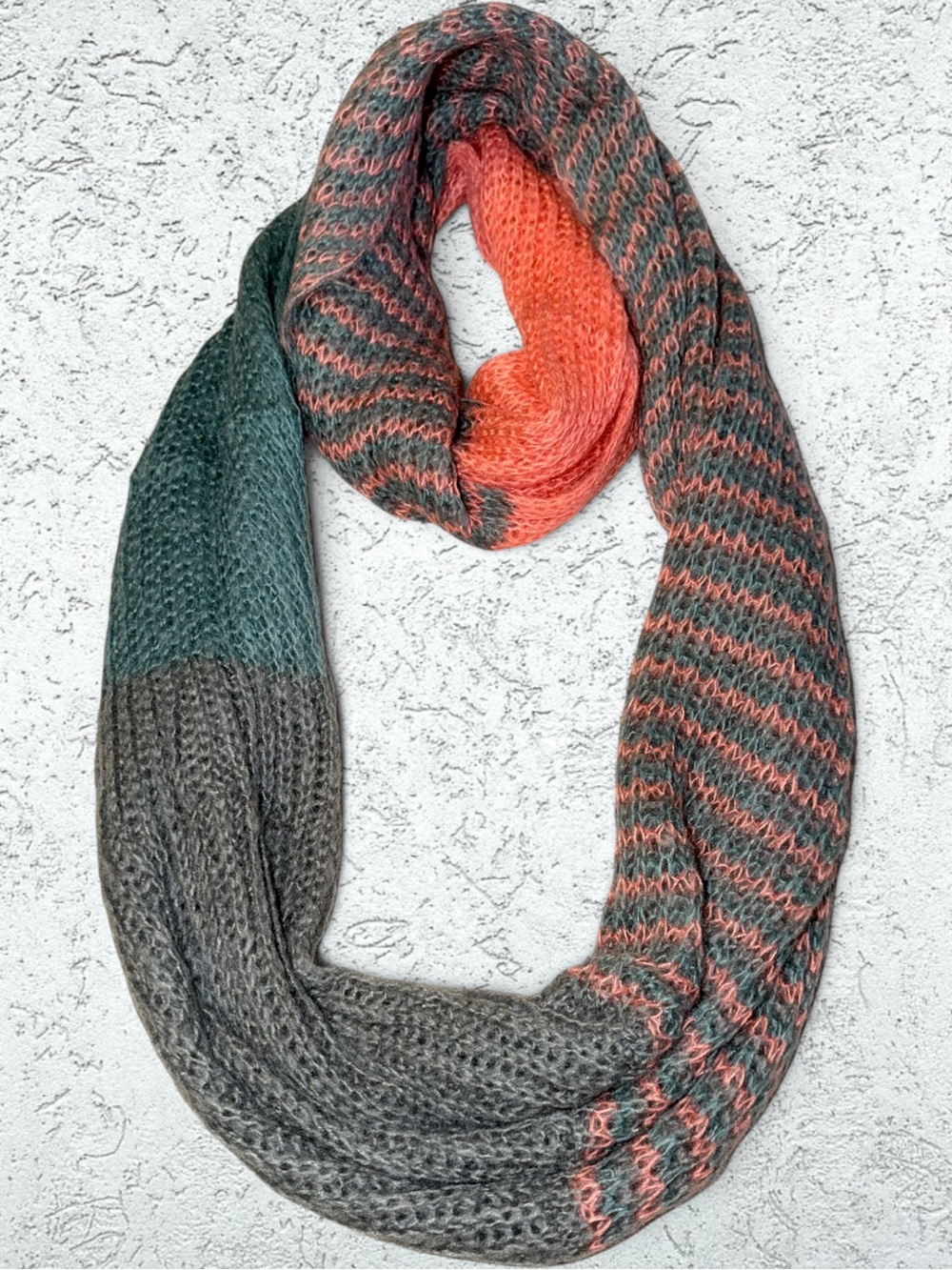 🌻Cozy Knit Infinity Scarf in Coral, Teal & Gray